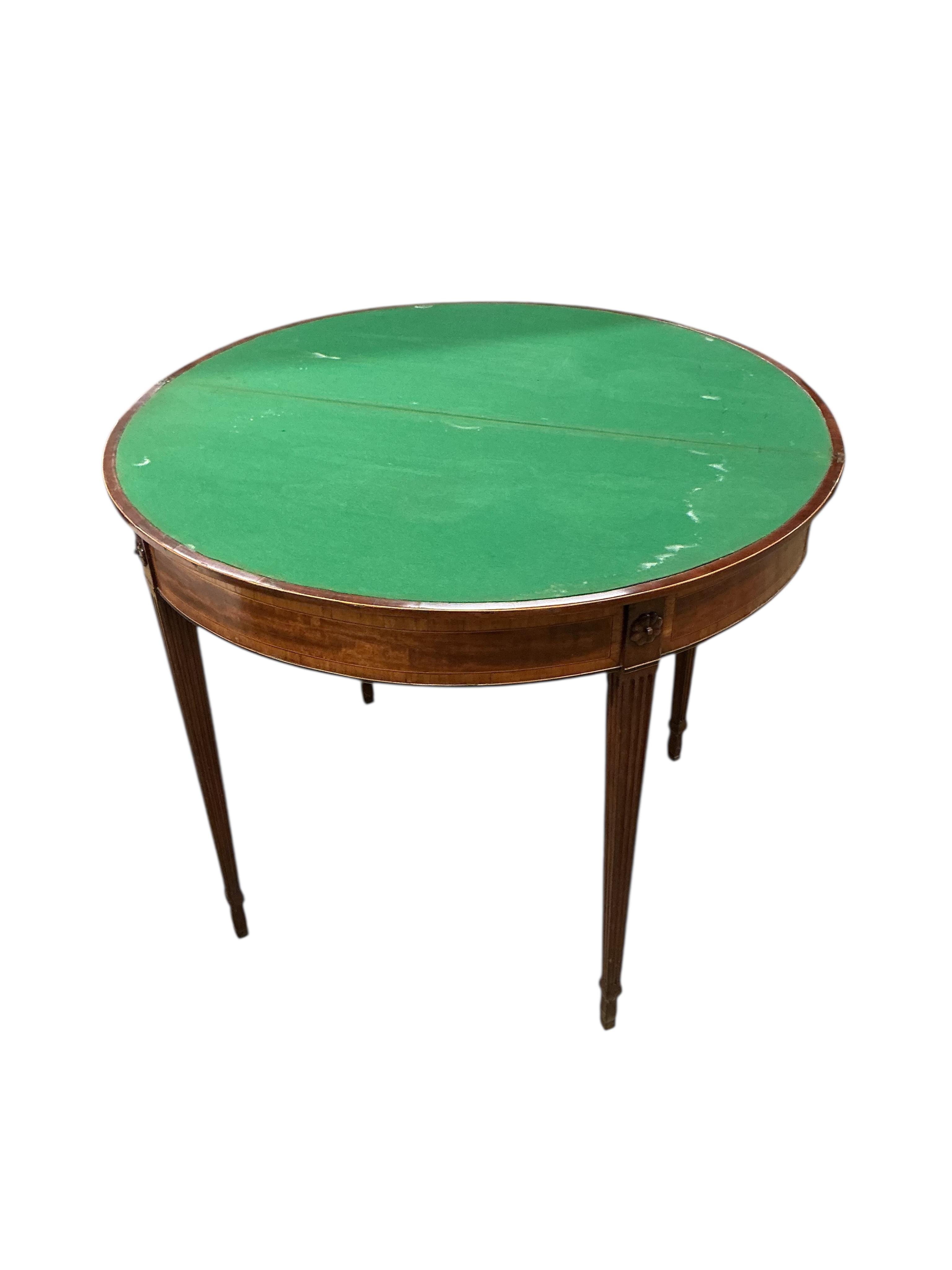 A George III satinwood banded mahogany D shaped folding card table, width 91cm, depth 45cm, height 76cm